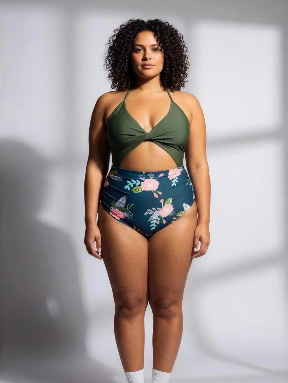NWT‎ Beachsiss Olive Green & Teal Floral High-Waist One-Piece -- XL